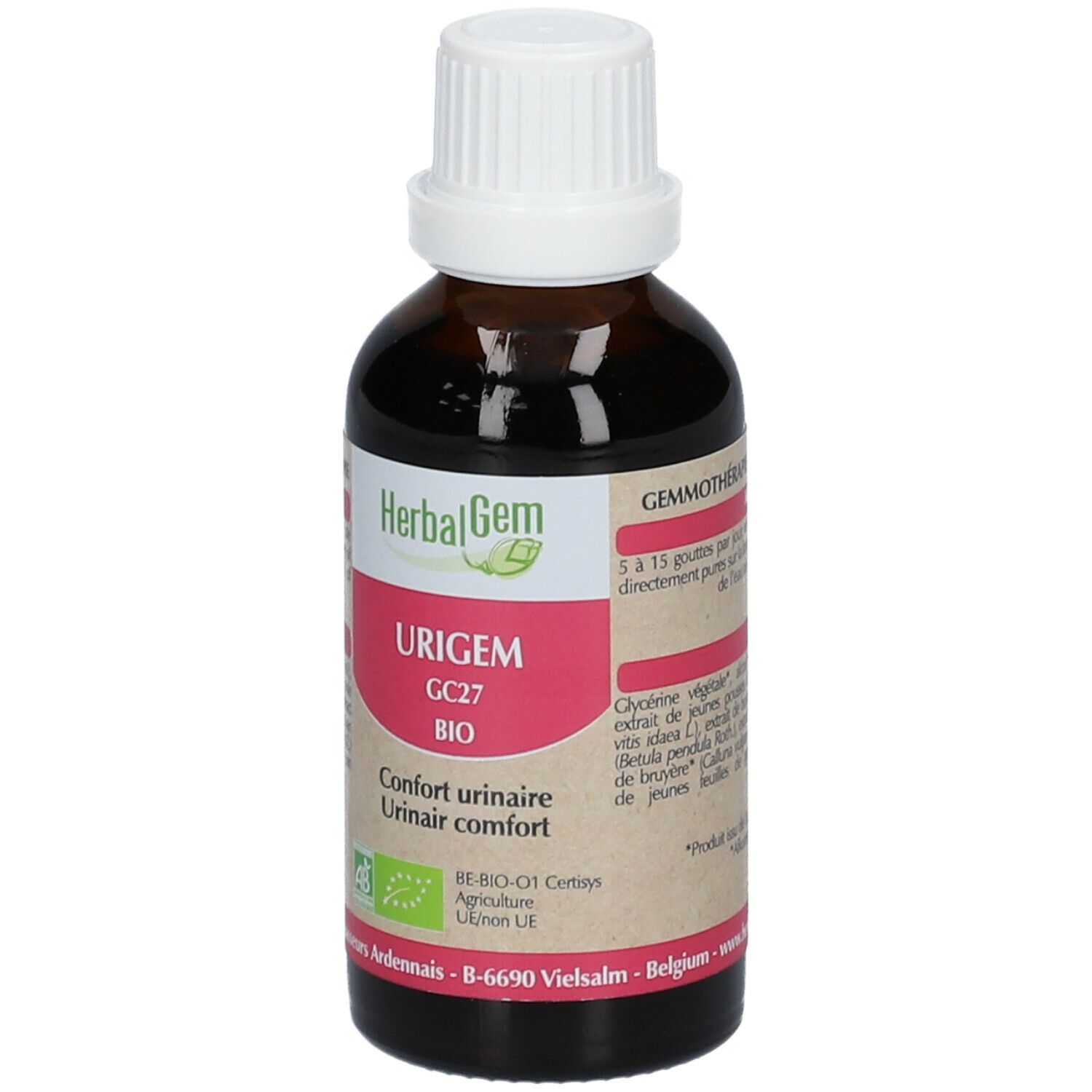 Flacon en verre brun avec bouchon blanc. Étiquette "HerbalGem URIGEM GC27 BIO".