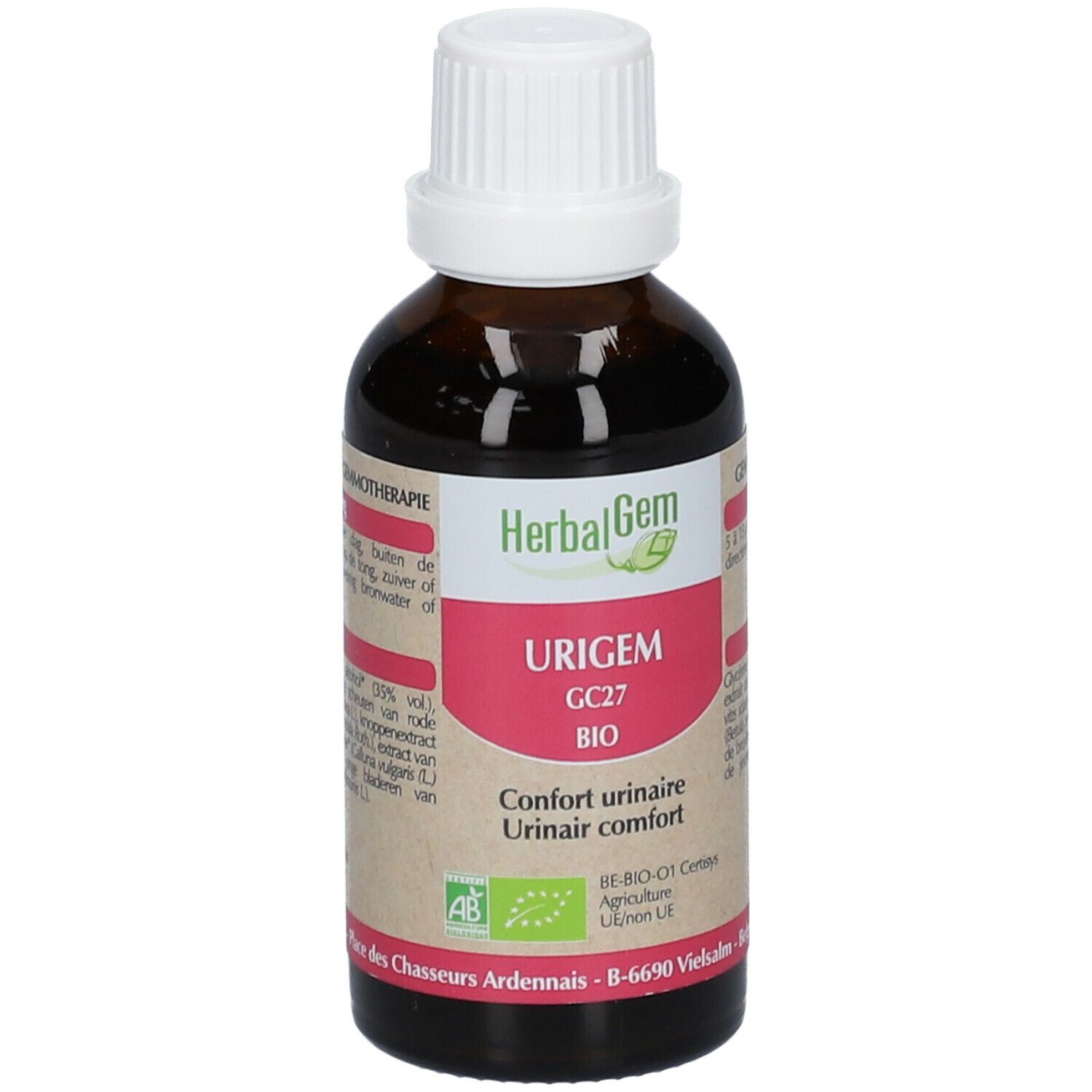 Flacon en verre brun avec bouchon blanc. Étiquette "HerbalGem URIGEM GC27 BIO".