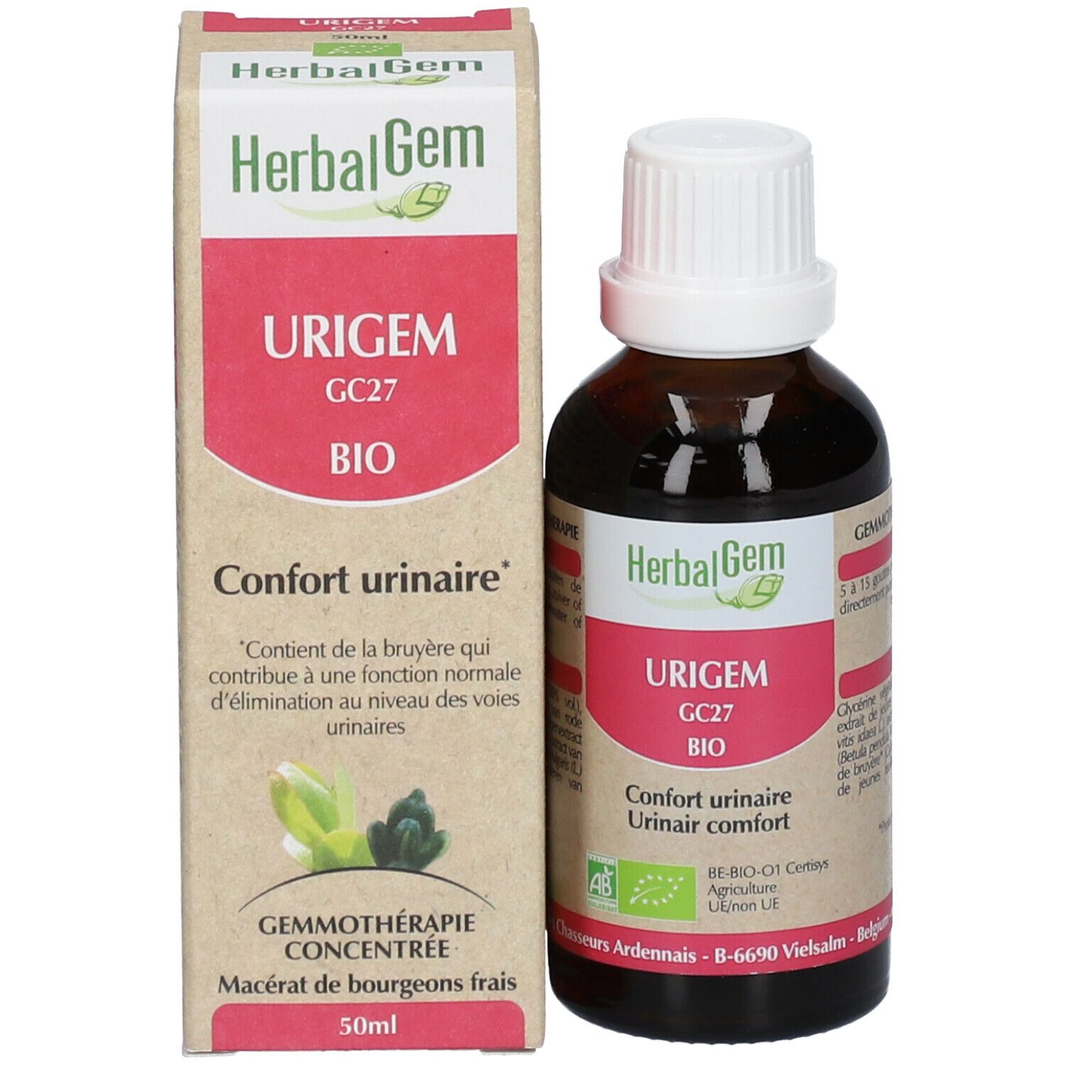 Flacon brun et boîte. Sur le flacon et la boîte : "HerbalGem URIGEM".