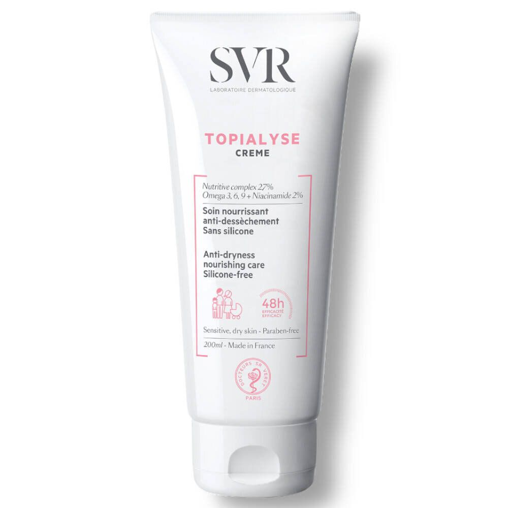 Tube blanc SVR TOPIALYSE Crème. Ingrédients: Oméga 3, 6, 9, Niacinamide, anti-sécheresse, sans silicone. 48h protection. Peaux sensibles, sèches.