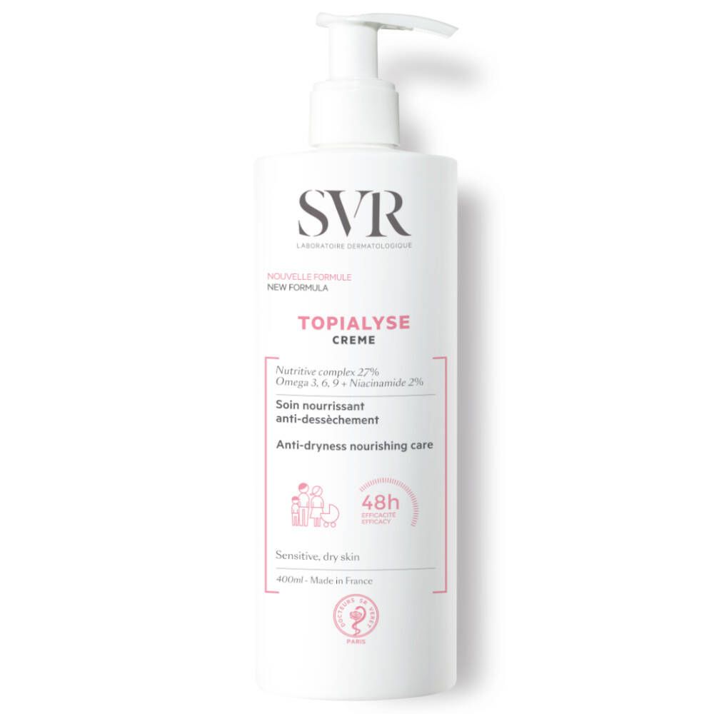 Flacone bianco di SVR TOPIALYSE Crème. Scritte: Crème, cura anti-secchezza, 48h. Per pelli sensibili e secche.