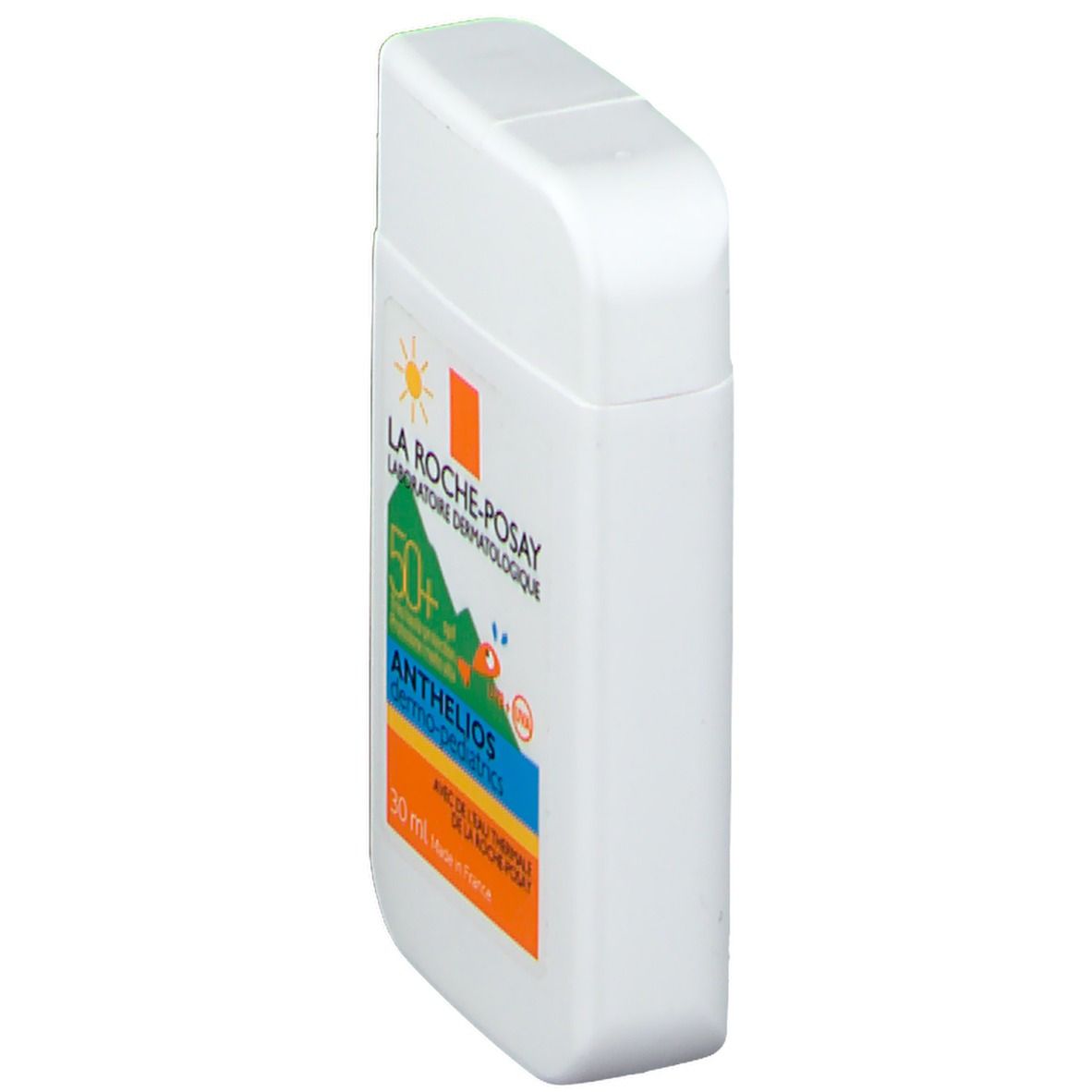 Witte, rechthoekige fles met afgeronde dop. Opschrift: La Roche-Posay, Anthelios Dermo-Pediatrics SPF50+. 30 ml.