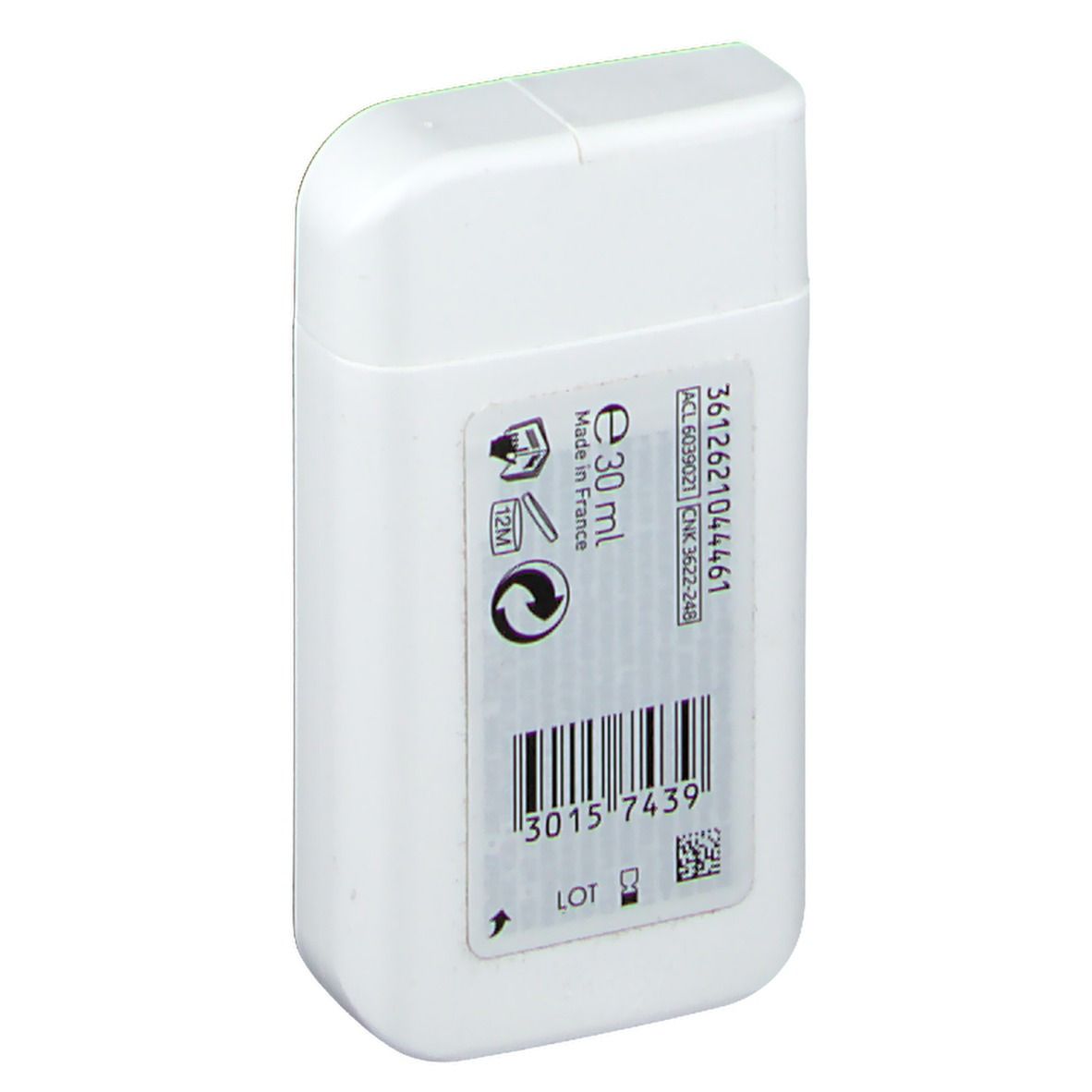 Witte, rechthoekige fles met afgeronde dop. Achterkant met barcode, lotnummer en symbolen. 30 ml.