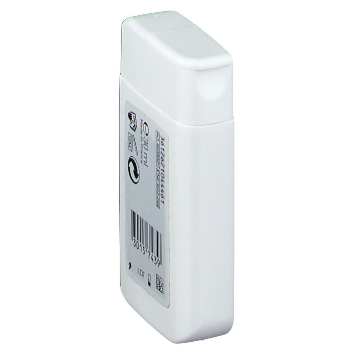 Witte, rechthoekige fles met afgeronde dop. Achterkant met barcode, lotnummer en symbolen. 30 ml.