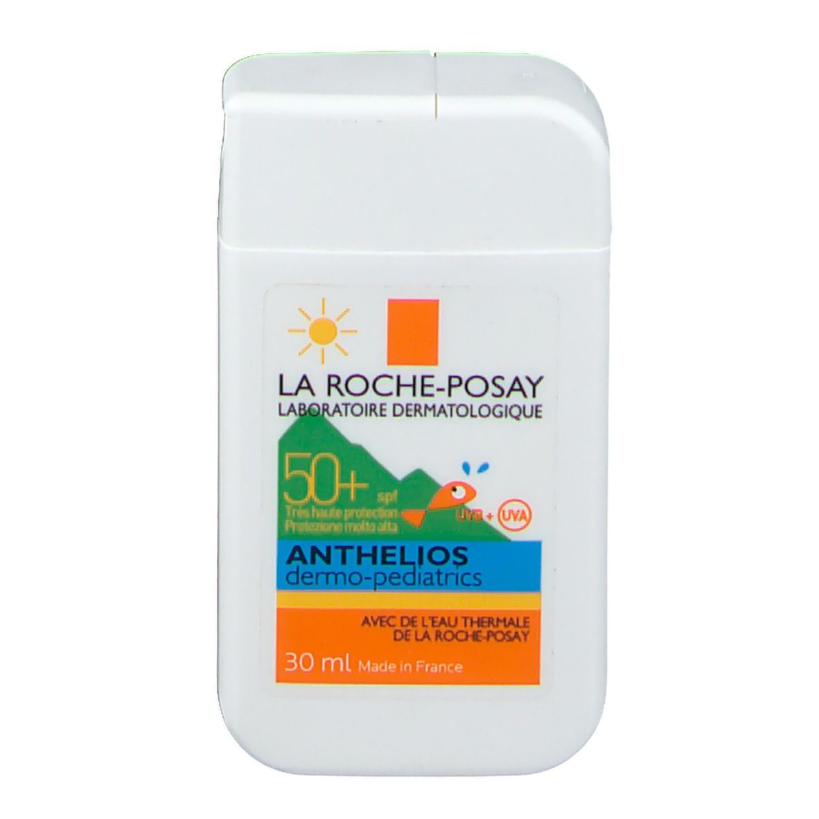 Witte, rechthoekige fles met afgeronde dop. Opschrift: La Roche-Posay, Anthelios Dermo-Pediatrics SPF50+. 30 ml.