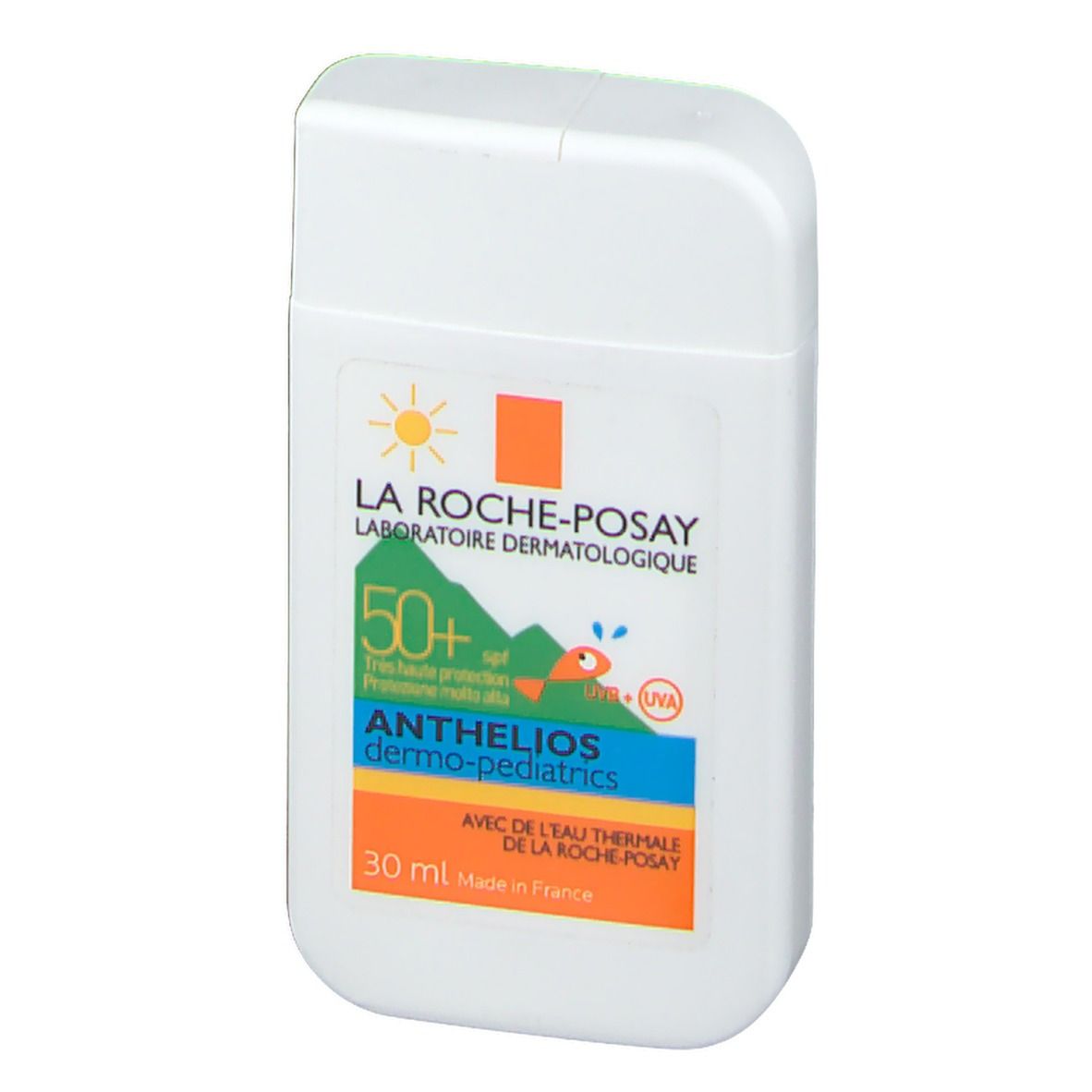 Witte, rechthoekige fles met afgeronde dop. Opschrift: La Roche-Posay, Anthelios Dermo-Pediatrics SPF50+. 30 ml.