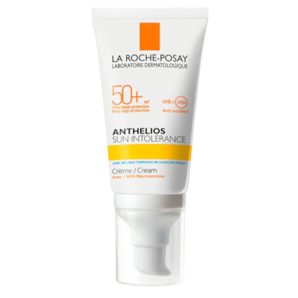 La Roche-Posay ANTHELIOS zonnecrème. Witte tube met gele en oranje accenten. SPF 50+. Met pomp.