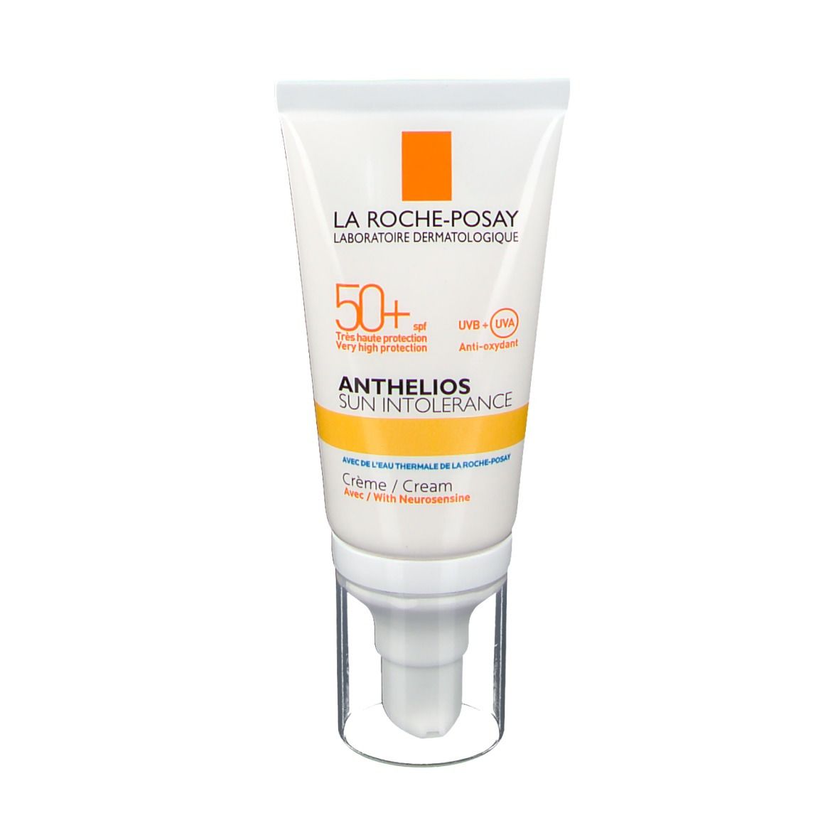 La Roche-Posay ANTHELIOS zonnecrème. Witte tube met gele en oranje accenten. SPF 50+. Met pomp.