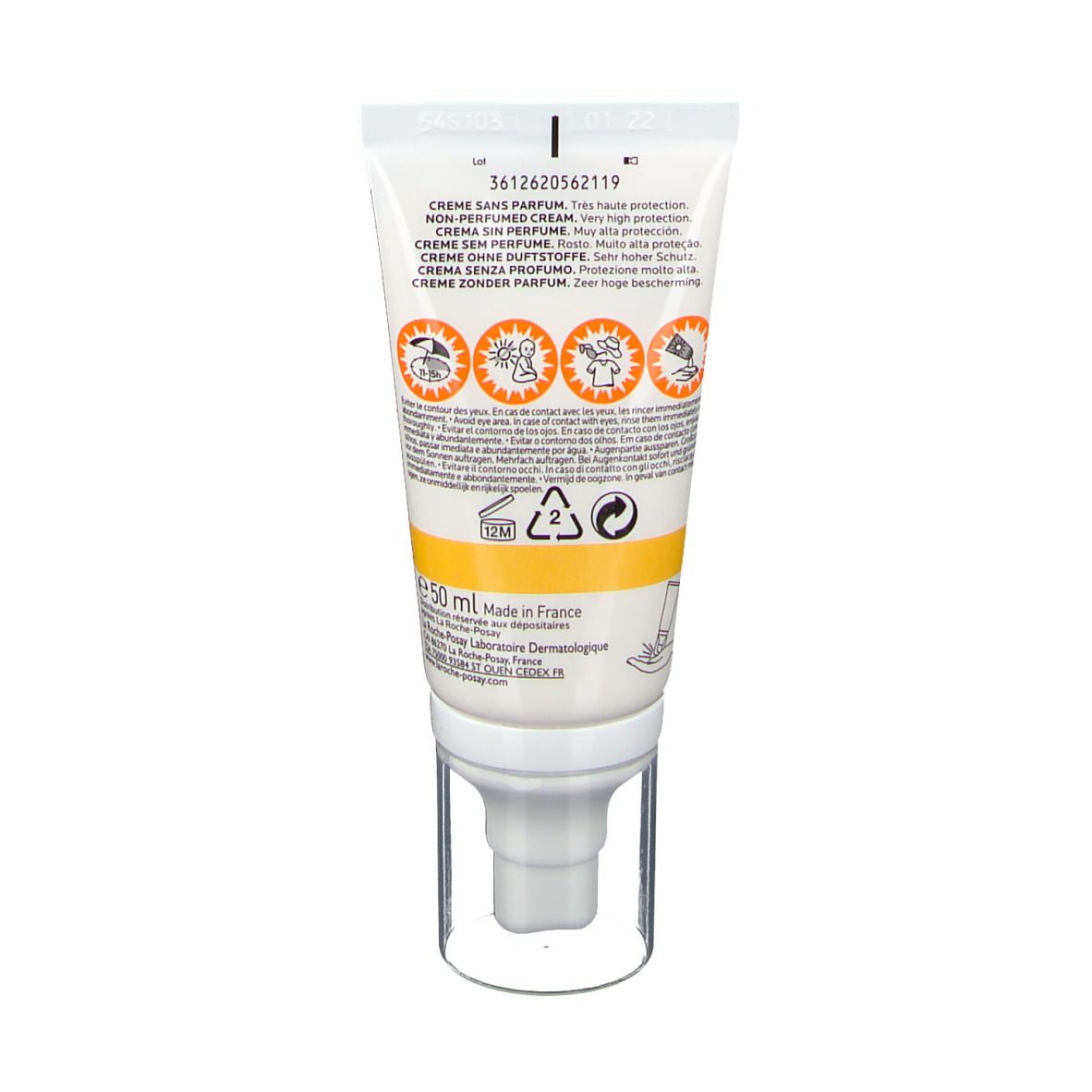 Achterkant van de La Roche-Posay ANTHELIOS zonnecrèmetube. Tekst in meerdere talen. Informatie over ingrediënten en gebruik.