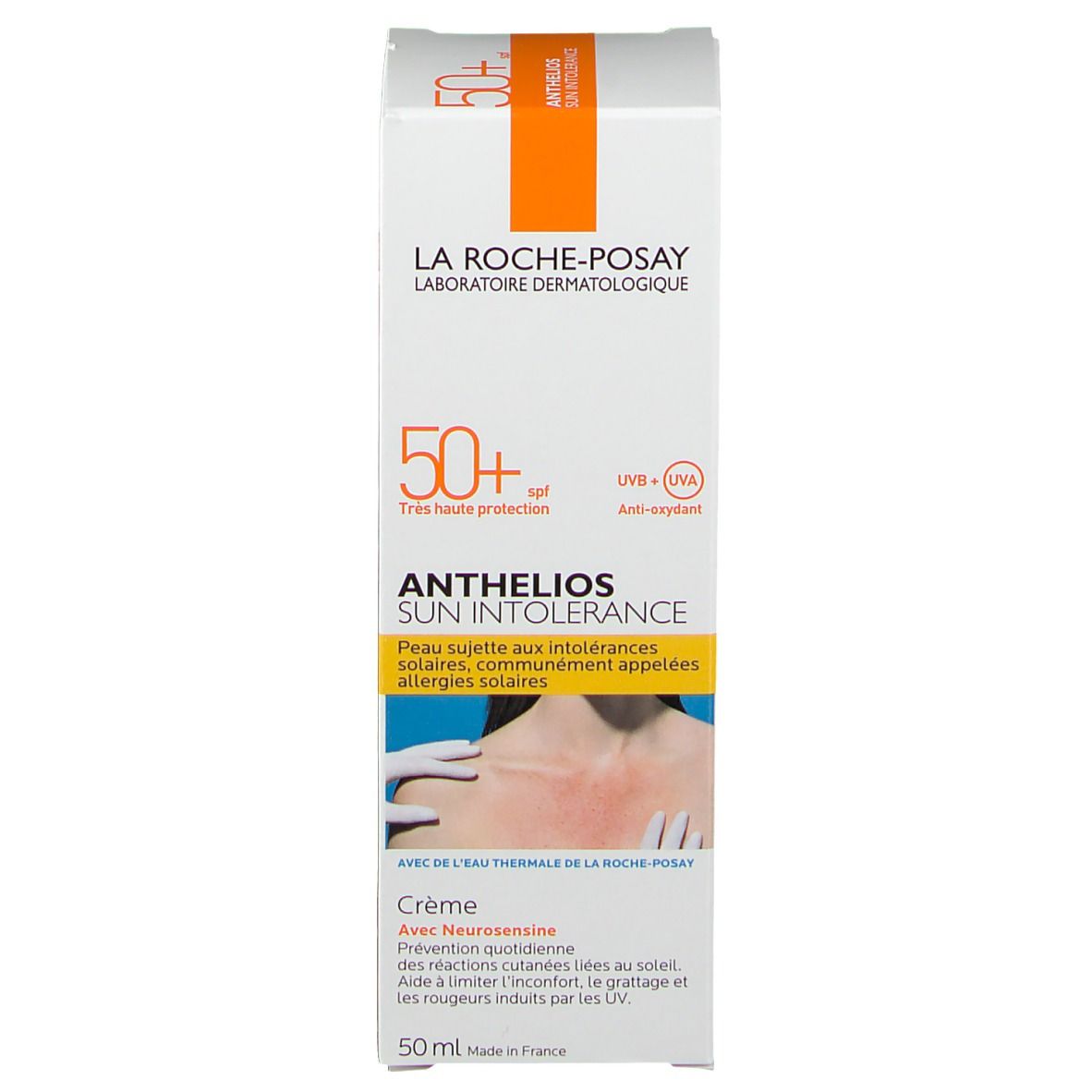 La Roche-Posay ANTHELIOS zonnecrème verpakking. Witte verpakking met productafbeelding en tekst. SPF 50+.