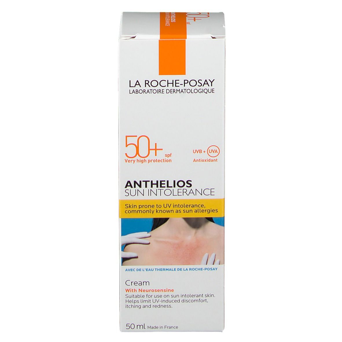 La Roche-Posay ANTHELIOS zonnecrème verpakking. Witte verpakking met productafbeelding en tekst. SPF 50+.
