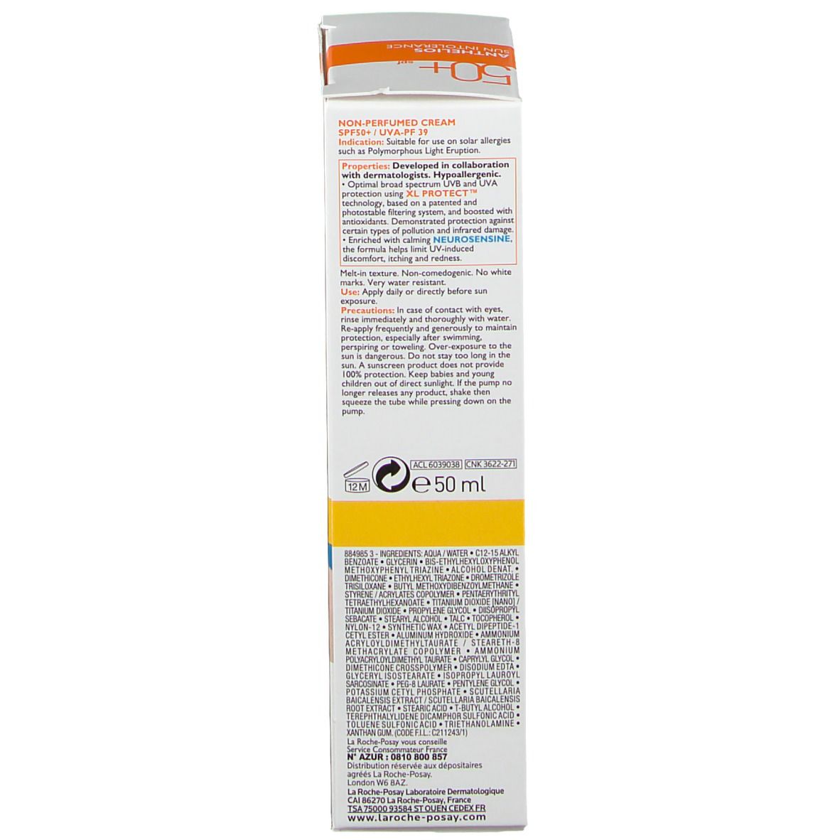 Achterkant van de La Roche-Posay ANTHELIOS zonnecrème verpakking. Tekst in meerdere talen. Informatie over ingrediënten en gebruik.