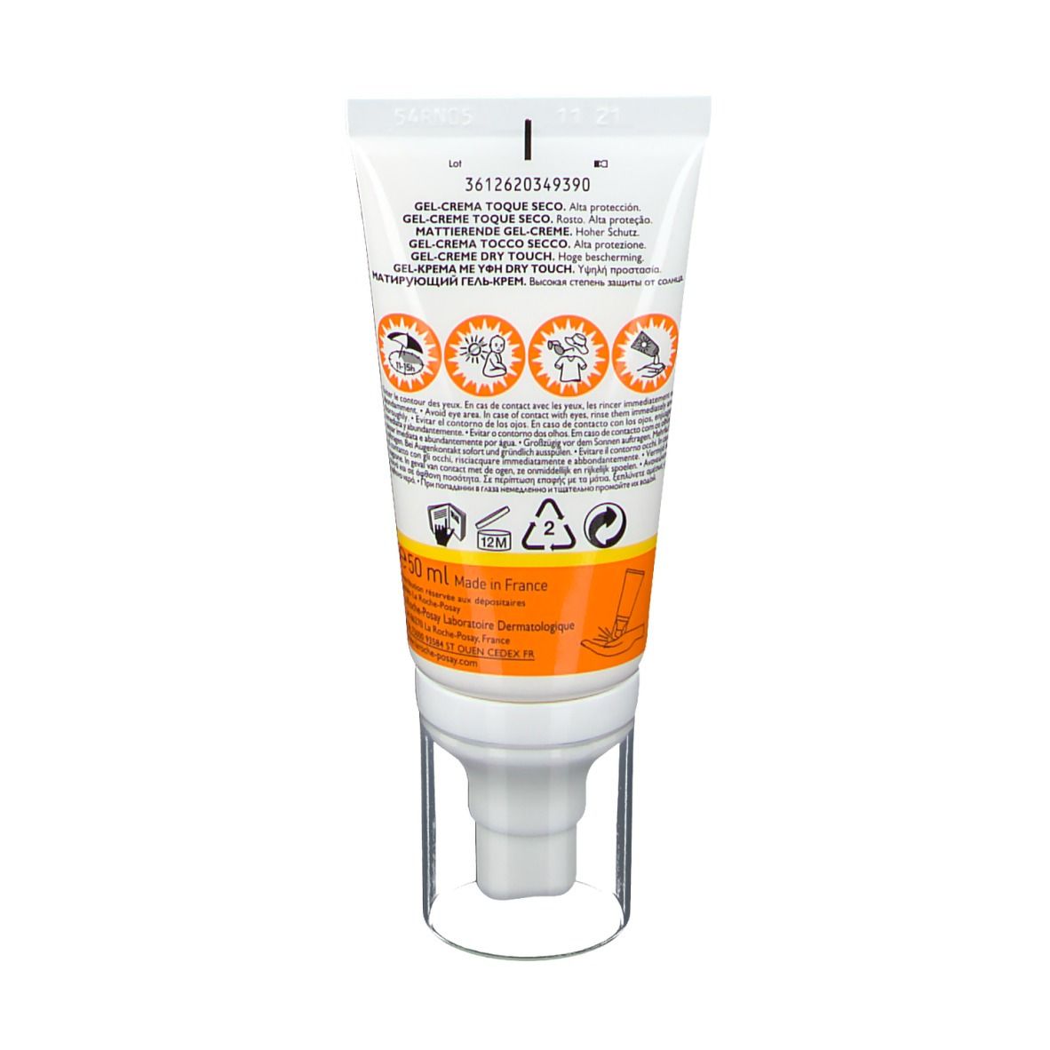 Rückseite der La Roche-Posay Anthelios Gel-Creme Tube. Text und Symbole. Weißer Hintergrund mit orangefarbenen und grünen Akzenten.