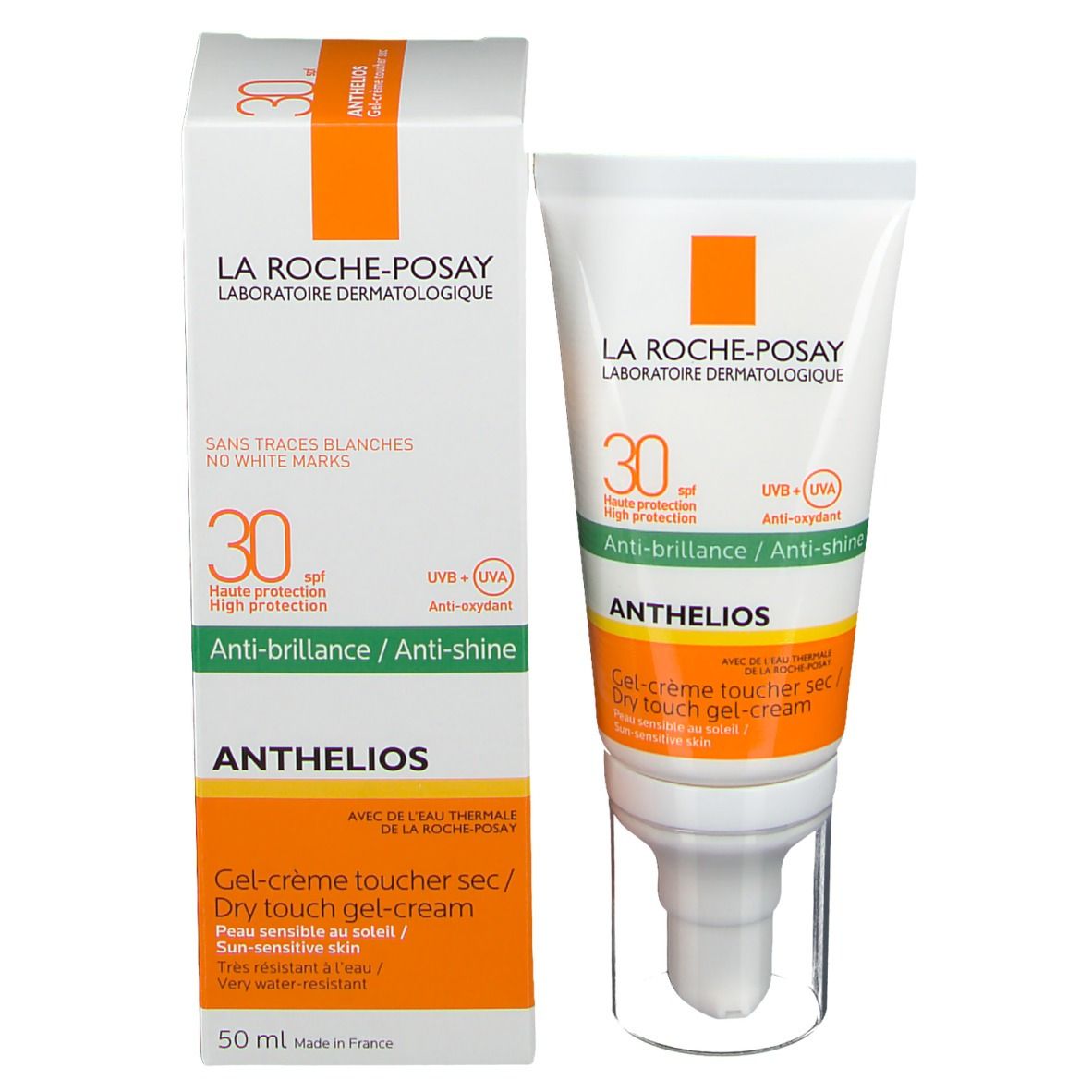La Roche-Posay Anthelios Gel-Creme und Verpackung. SPF 30, Anti-Glanz. Weiße Verpackung mit orangefarbenen und grünen Akzenten.