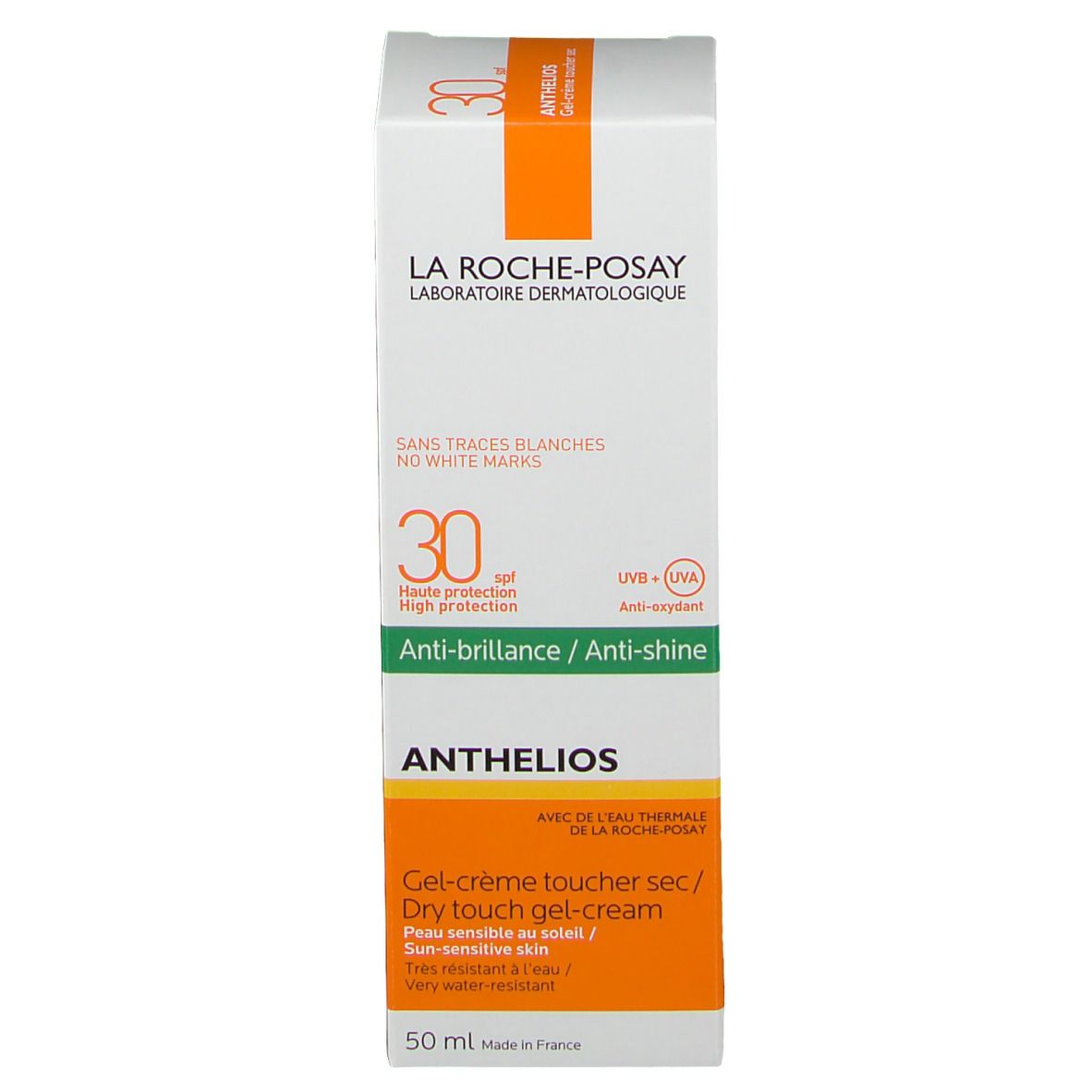 La Roche-Posay Anthelios Verpackung. SPF 30, Anti-Glanz. Weiße Verpackung mit orangefarbenen und grünen Akzenten. Text.