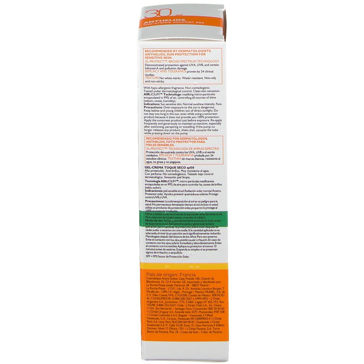 La Roche-Posay Anthelios Verpackung, Detailansicht. Text und Informationen. Weiße Verpackung mit orangefarbenen und grünen Akzenten.