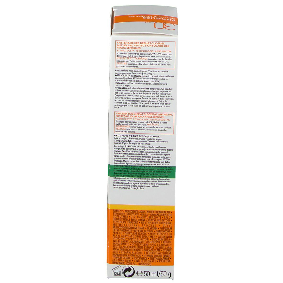 La Roche-Posay Anthelios Verpackung, Detailansicht. Text und Informationen. Weiße Verpackung mit orangefarbenen und grünen Akzenten.