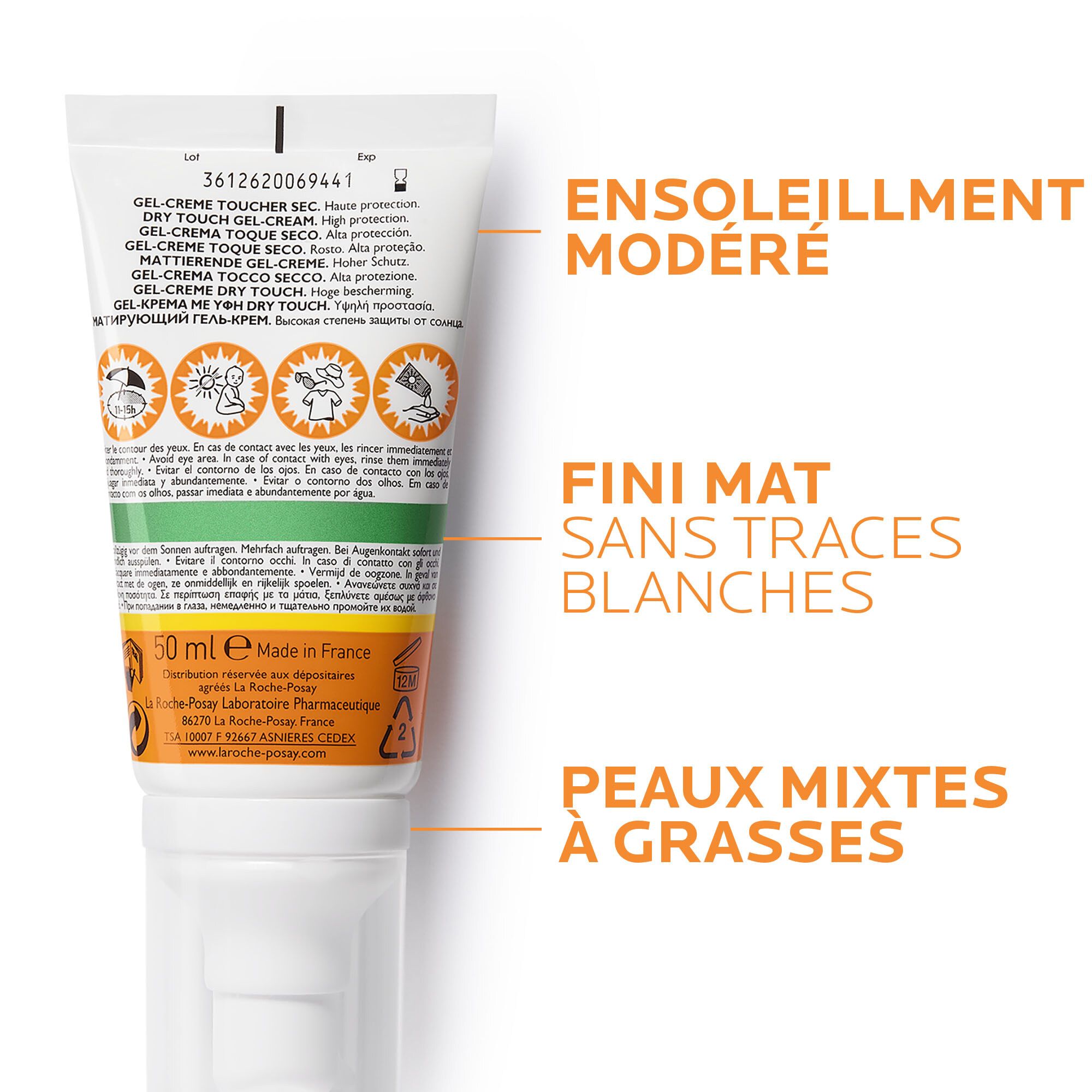 Achterkant van de tube met tekst en illustraties. Tekst: GEL-CREME TOUCHE SEC, 50 ml, Made in France. Groen-gele streep.