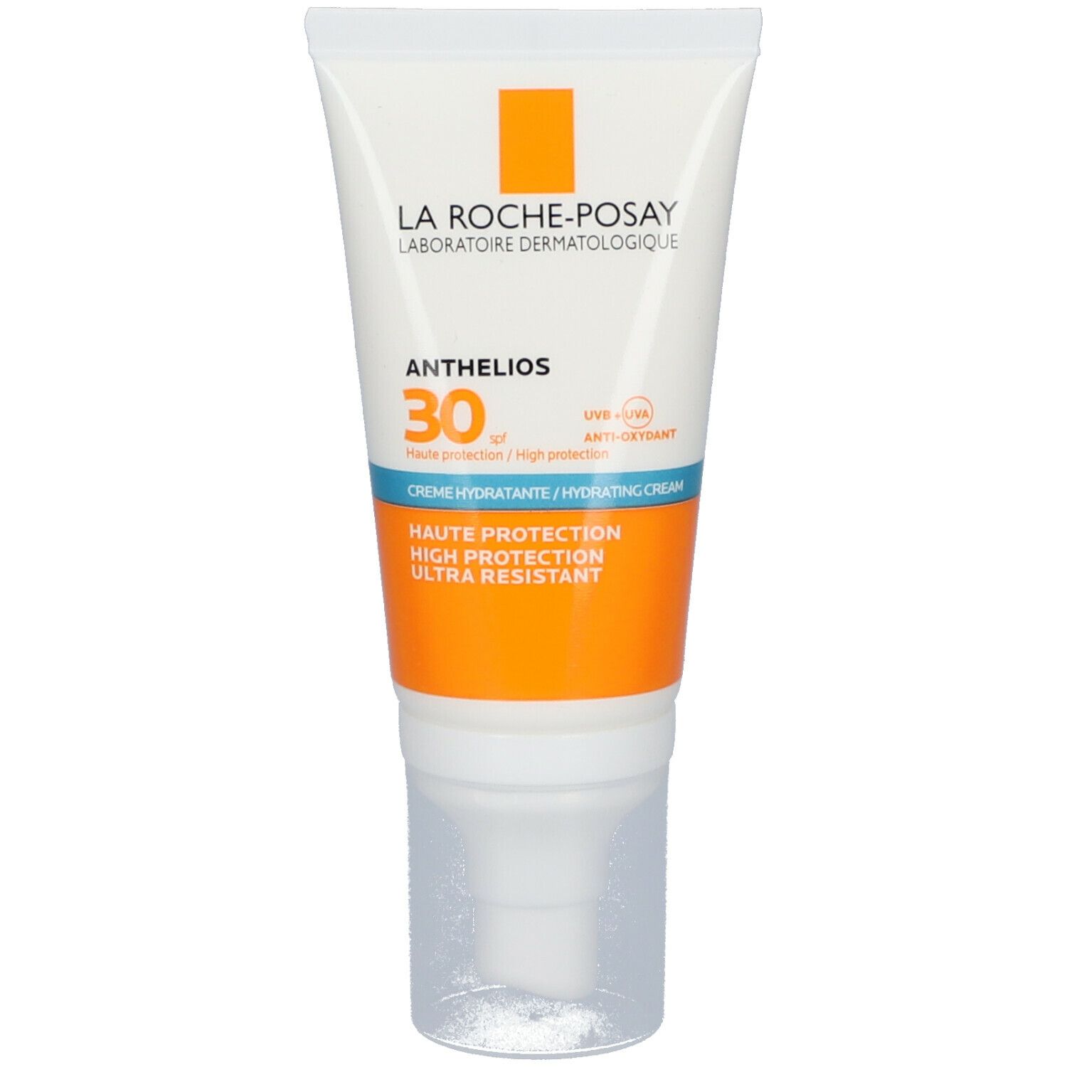 Witte tube met oranje en blauw design. Productnaam en SPF zichtbaar.