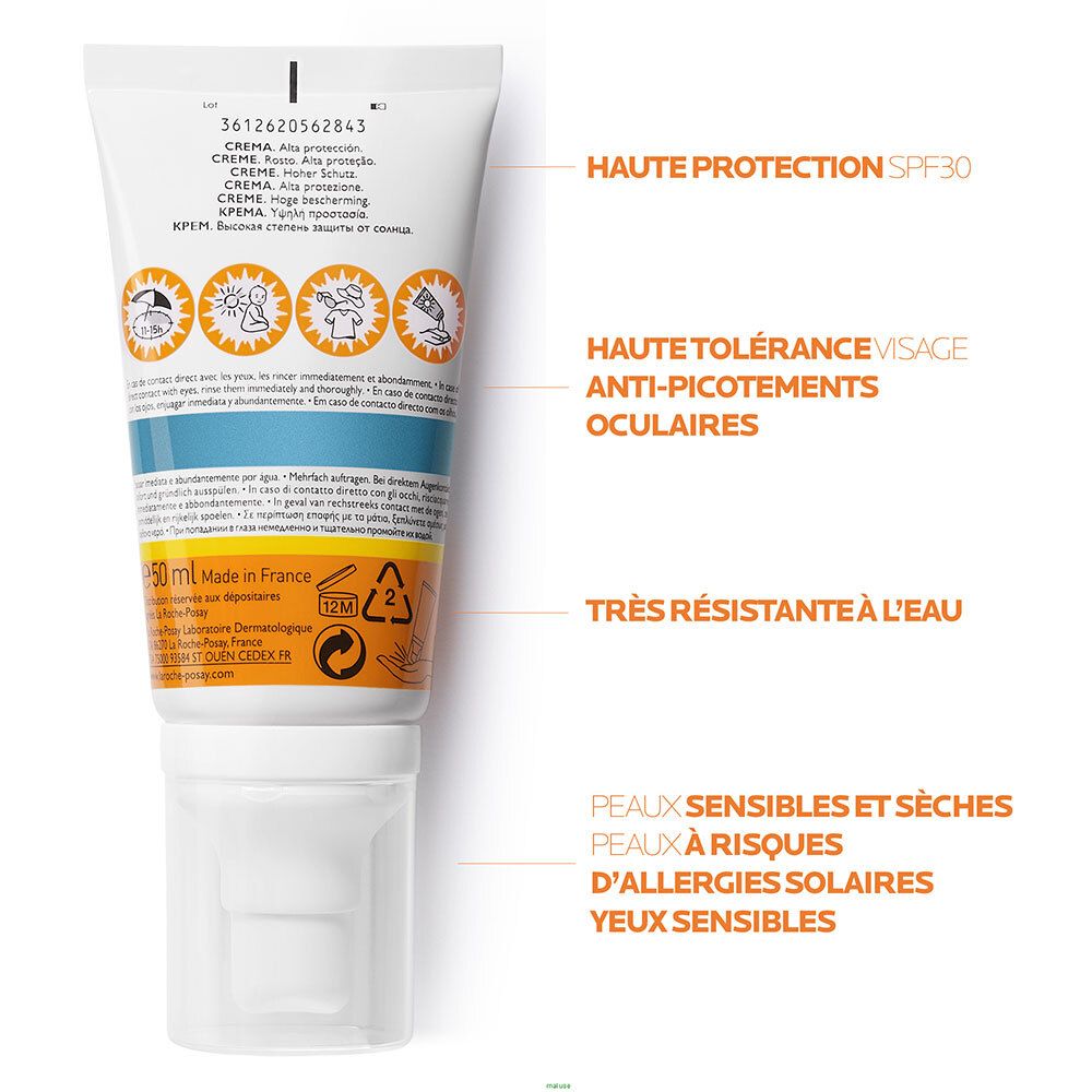 Achterkant tube met tekst. Uitgelicht: Hoge bescherming SPF30, hoge tolerantie.