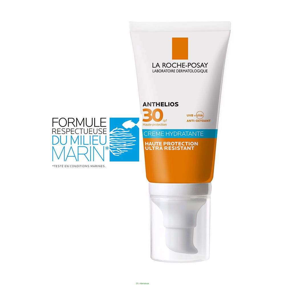 Witte tube met oranje en blauw design. Tekst: Formule respectueux de la mer.