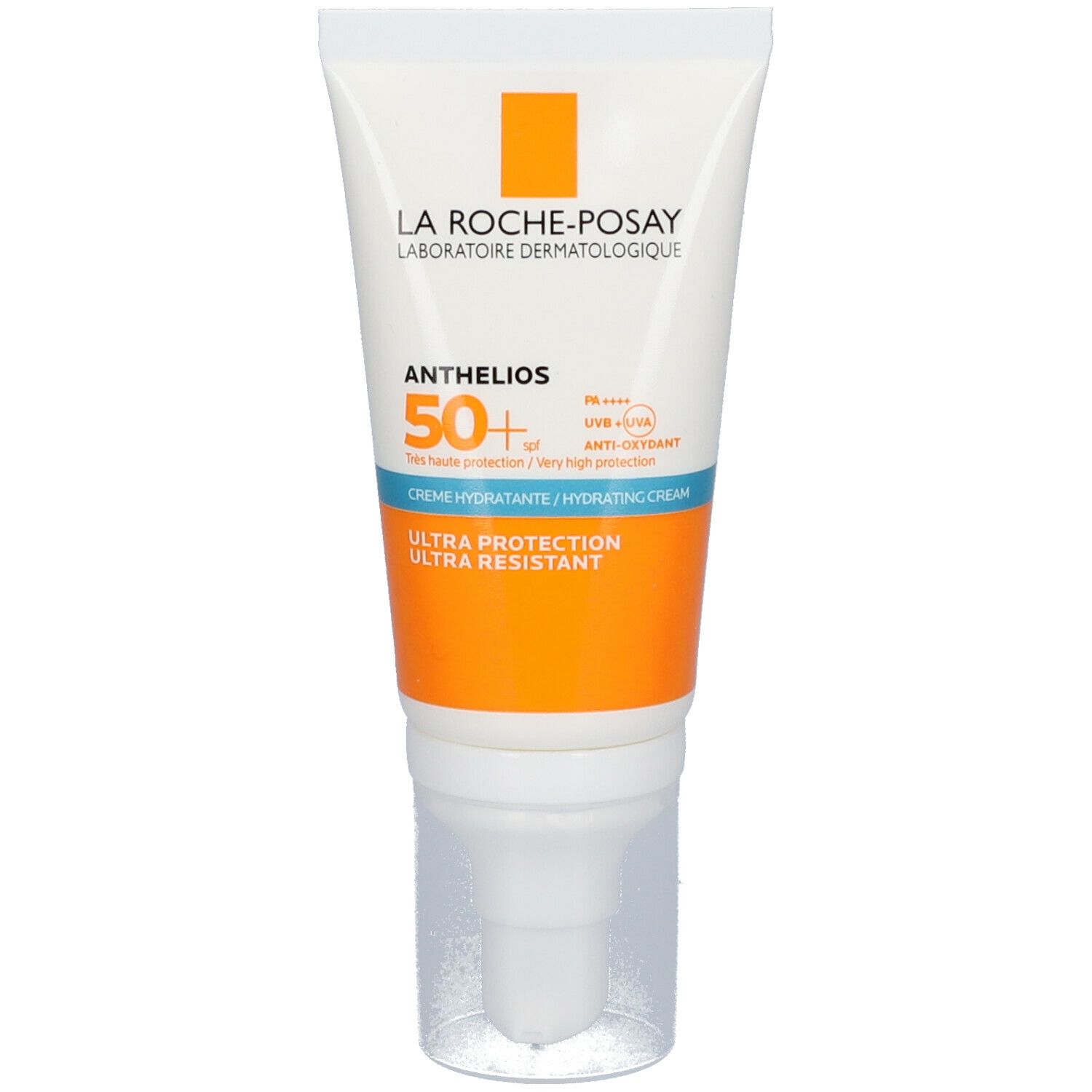 Tube de crème Anthelios 50+ de La Roche-Posay. Tube blanc avec design orange et bleu. Extrémité transparente.