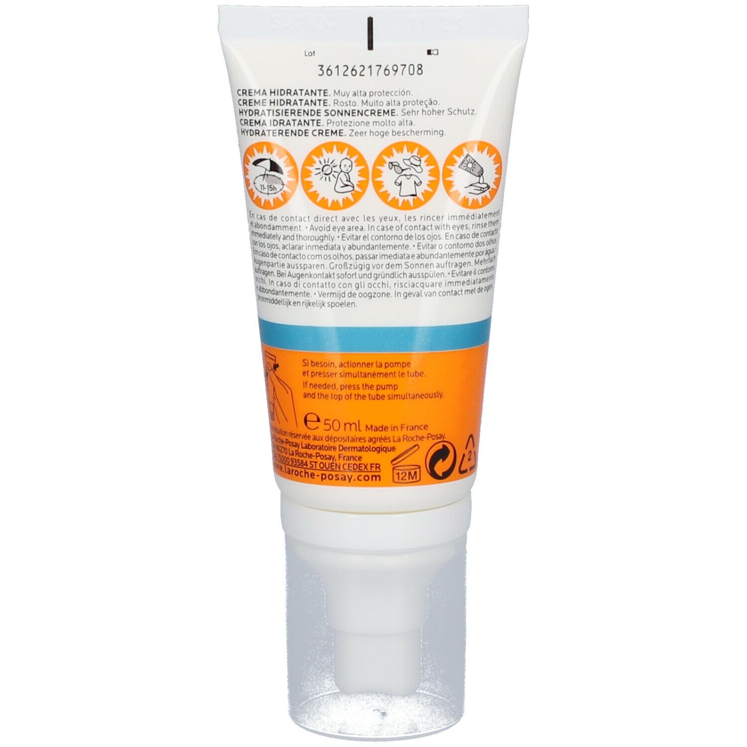 Dos du tube de crème Anthelios 50+ de La Roche-Posay. Texte multilingue, instructions et symboles.