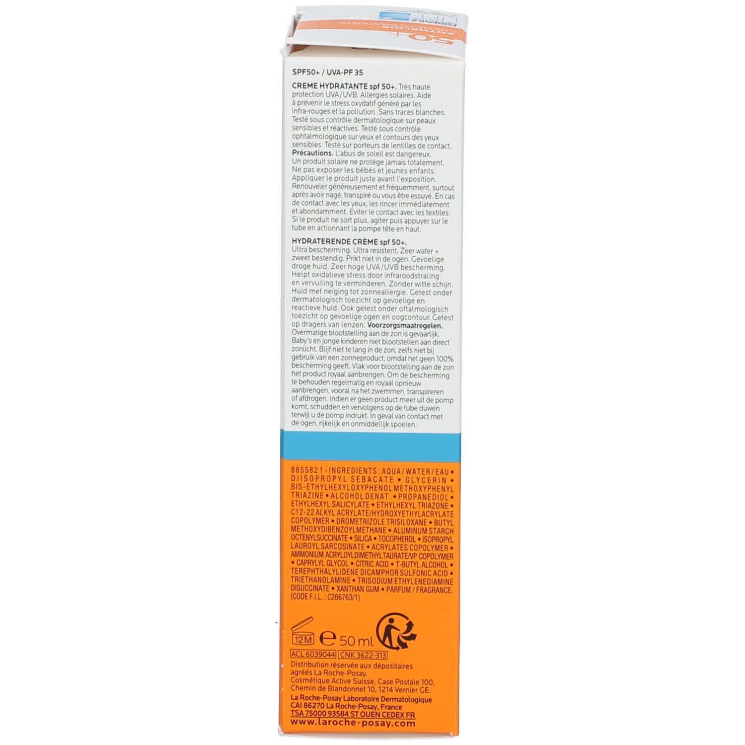 Côté de l'emballage de la crème Anthelios 50+. Texte multilingue, ingrédients et symboles.