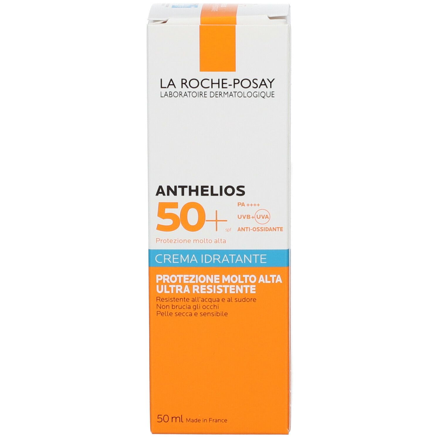 Emballage de la crème Anthelios 50+. Boîte blanche avec design orange et bleu. Nom du produit et marque.