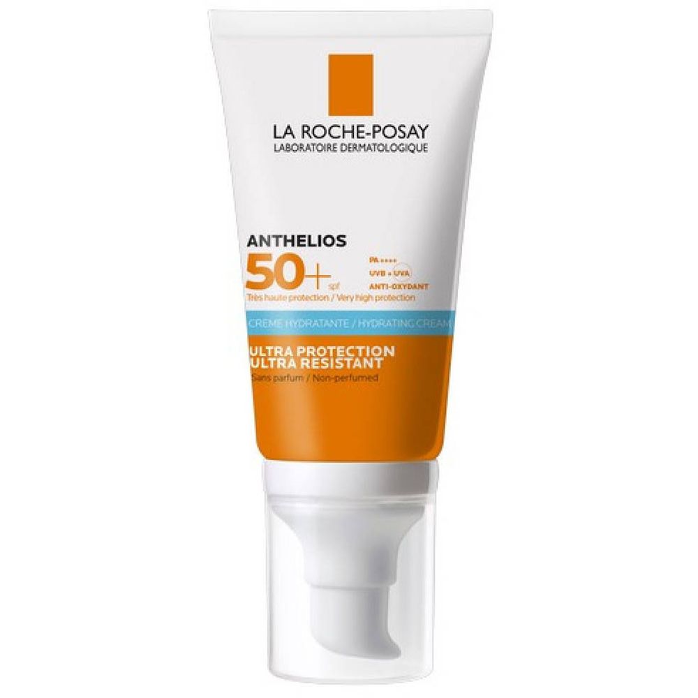 Wit-oranje tube La Roche-Posay Anthelios 50+ crème. Blauwe en witte tekst. Transparante pompkop.