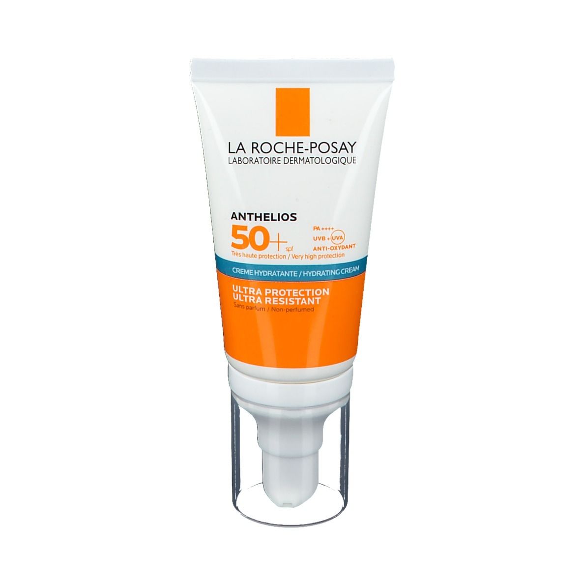 Wit-oranje tube La Roche-Posay Anthelios 50+ crème. Blauwe en witte tekst. Transparante pompkop.