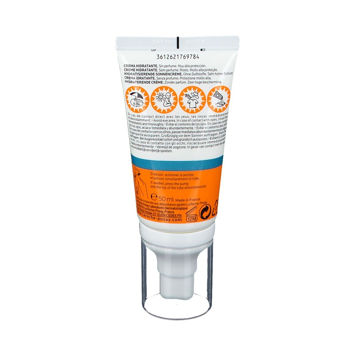 Achterkant van de tube La Roche-Posay Anthelios 50+ crème. Meertalige tekst. Blauwe en gele strepen.