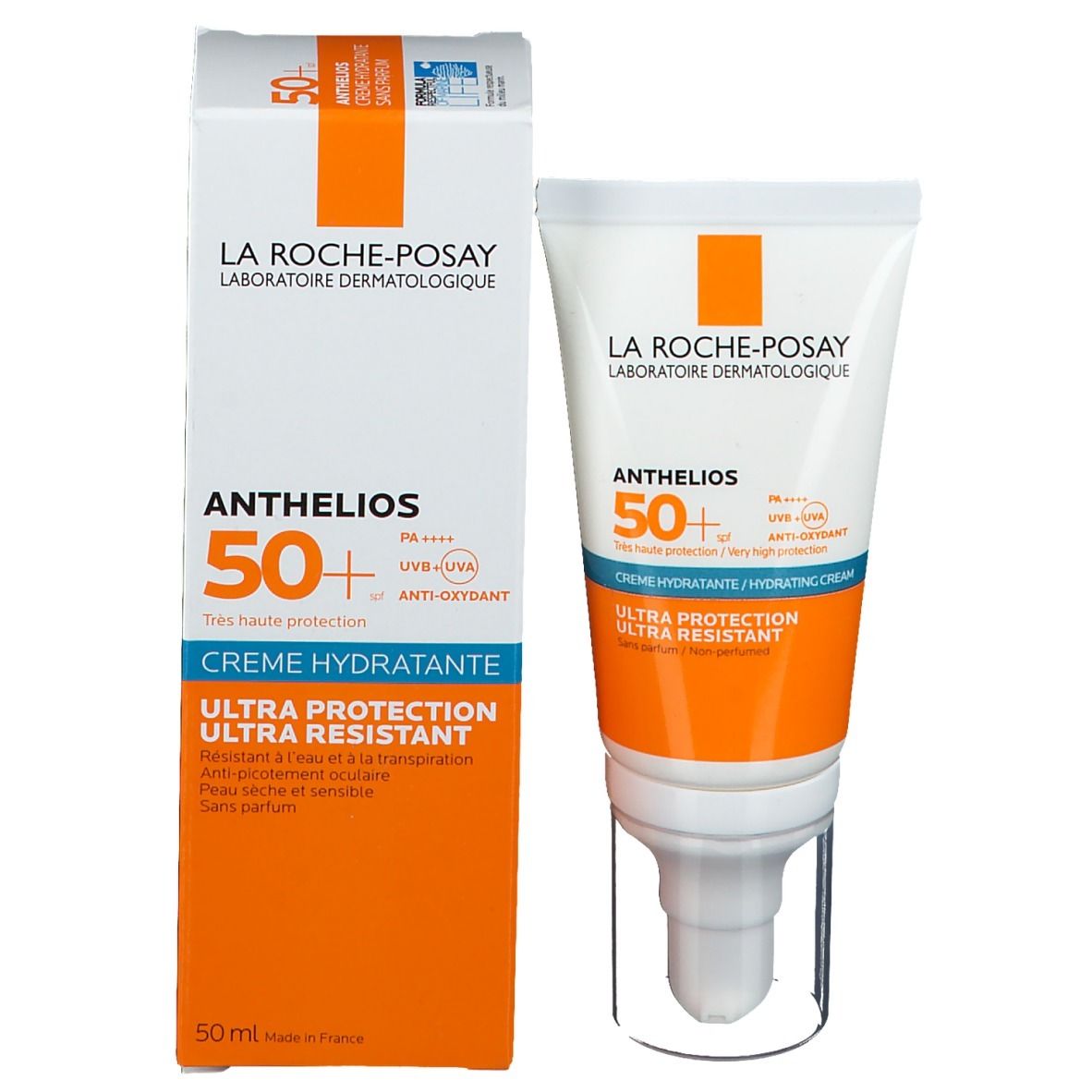 La Roche-Posay Anthelios 50+ crème en verpakking. Wit-oranje tube en doos. Blauwe en witte tekst.