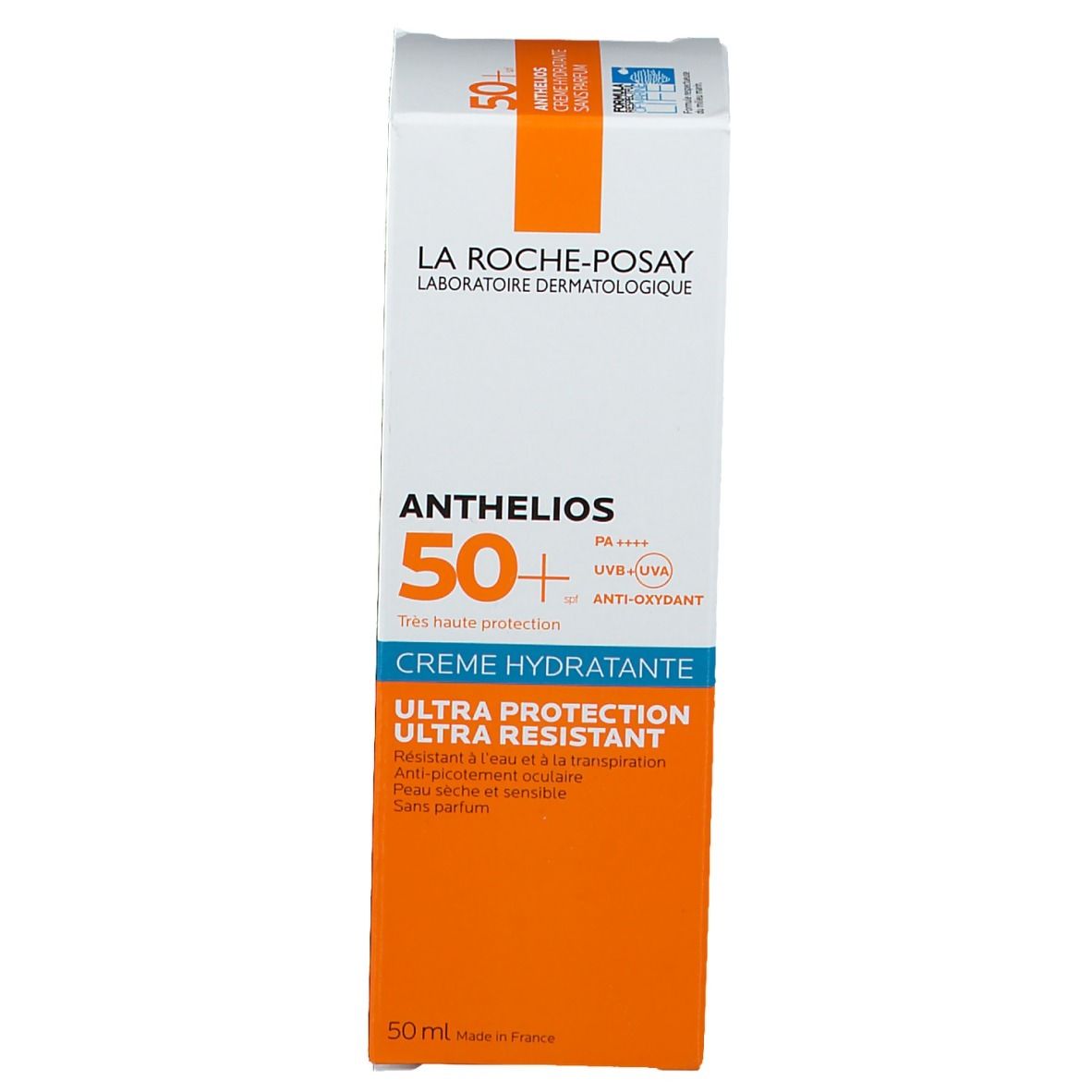 La Roche-Posay Anthelios 50+ verpakking. Wit-oranje doos. Blauwe en witte tekst. Productnaam en details.