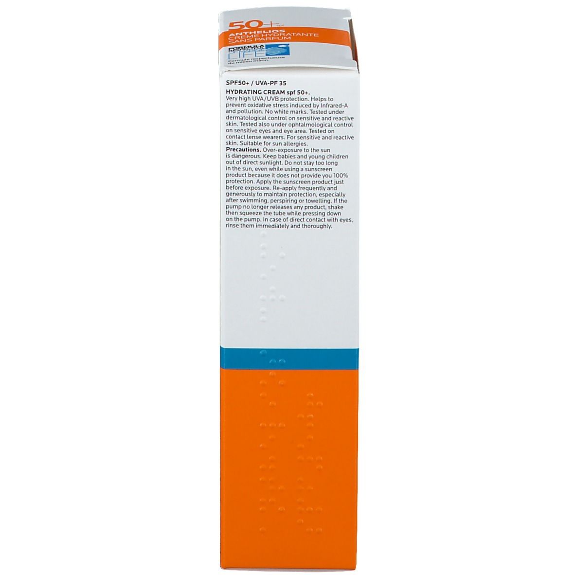 La Roche-Posay Anthelios 50+ verpakking. Oranje-blauwe doos. Meertalige tekst. Productinformatie.