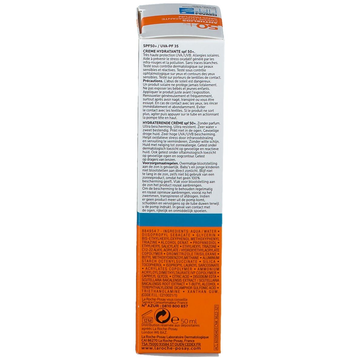 La Roche-Posay Anthelios 50+ verpakking. Oranje-blauwe doos. Meertalige tekst. Productinformatie.