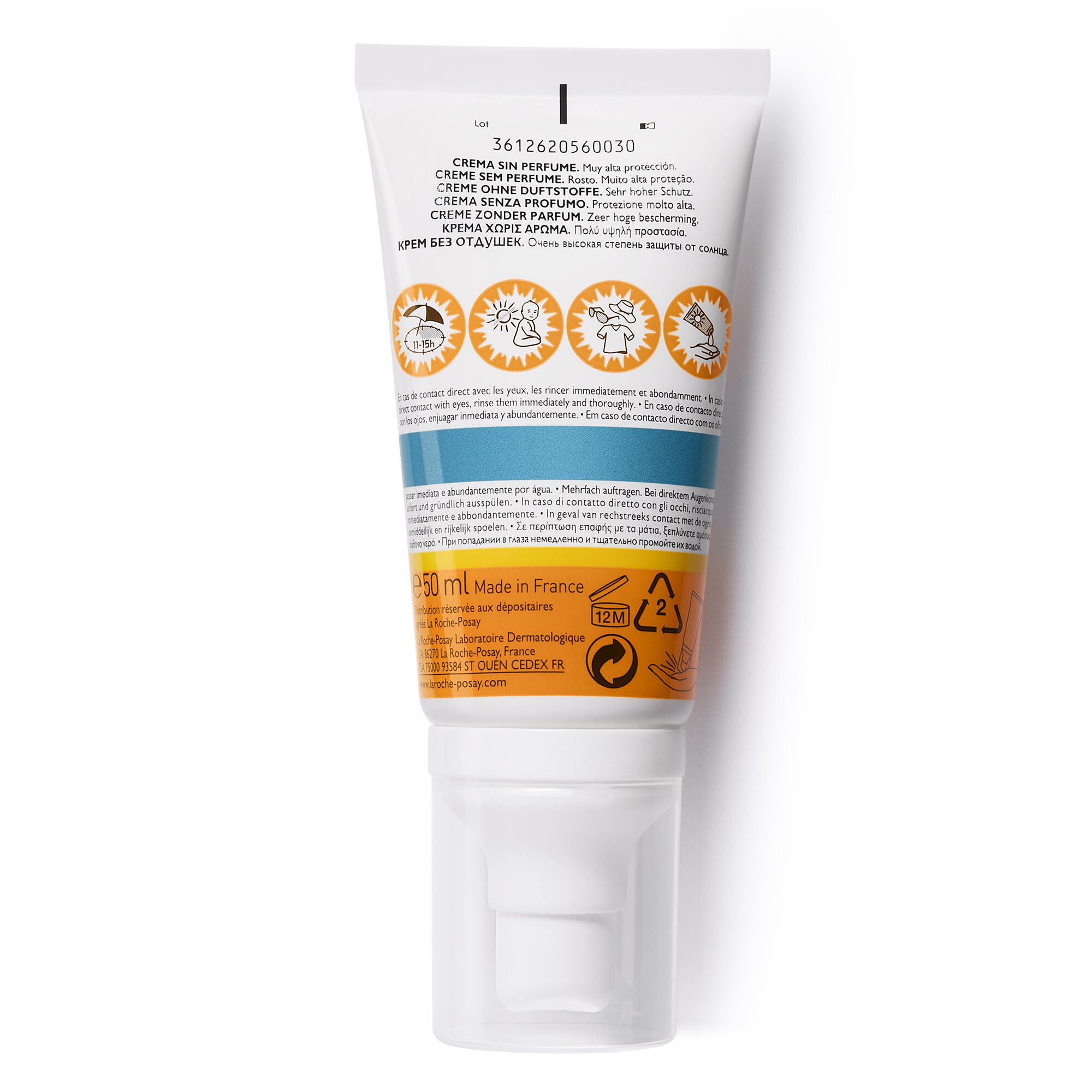 Achterkant van de tube La Roche-Posay Anthelios 50+ crème. Meertalige tekst. Blauwe en gele strepen.