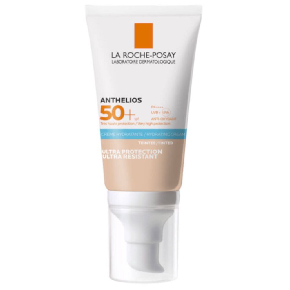 Tube de crème Anthelios 50+ de La Roche-Posay. Crème teintée beige avec distributeur. Fond blanc.