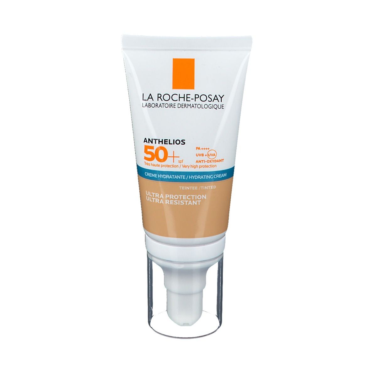 Tube de crème Anthelios 50+ de La Roche-Posay. Crème teintée beige avec distributeur. Logo orange. Fond blanc.