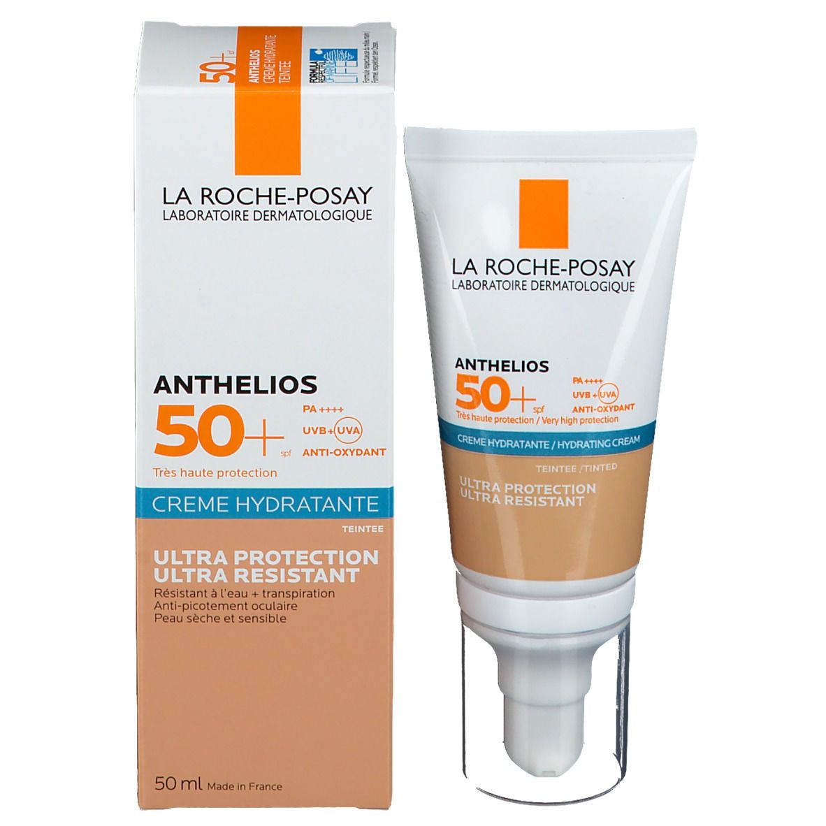 Emballage du produit et tube de crème. Inscription Anthelios 50+ de La Roche-Posay. Couleurs beige et blanc. Fond blanc.