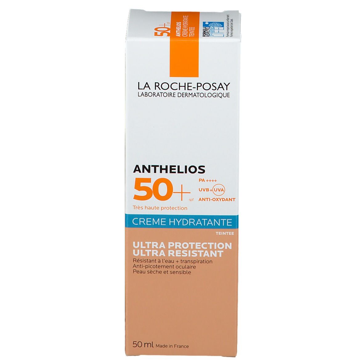 Emballage du produit. Inscription Anthelios 50+ de La Roche-Posay. Couleurs beige et blanc. Fond blanc.