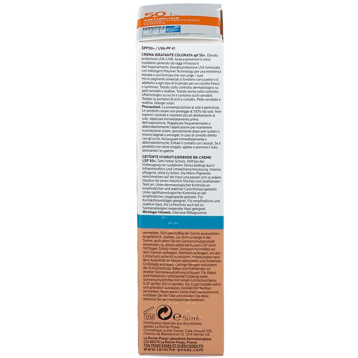 Dos de l'emballage du produit. Texte en plusieurs langues. Couleurs beige et bleu. Fond blanc.