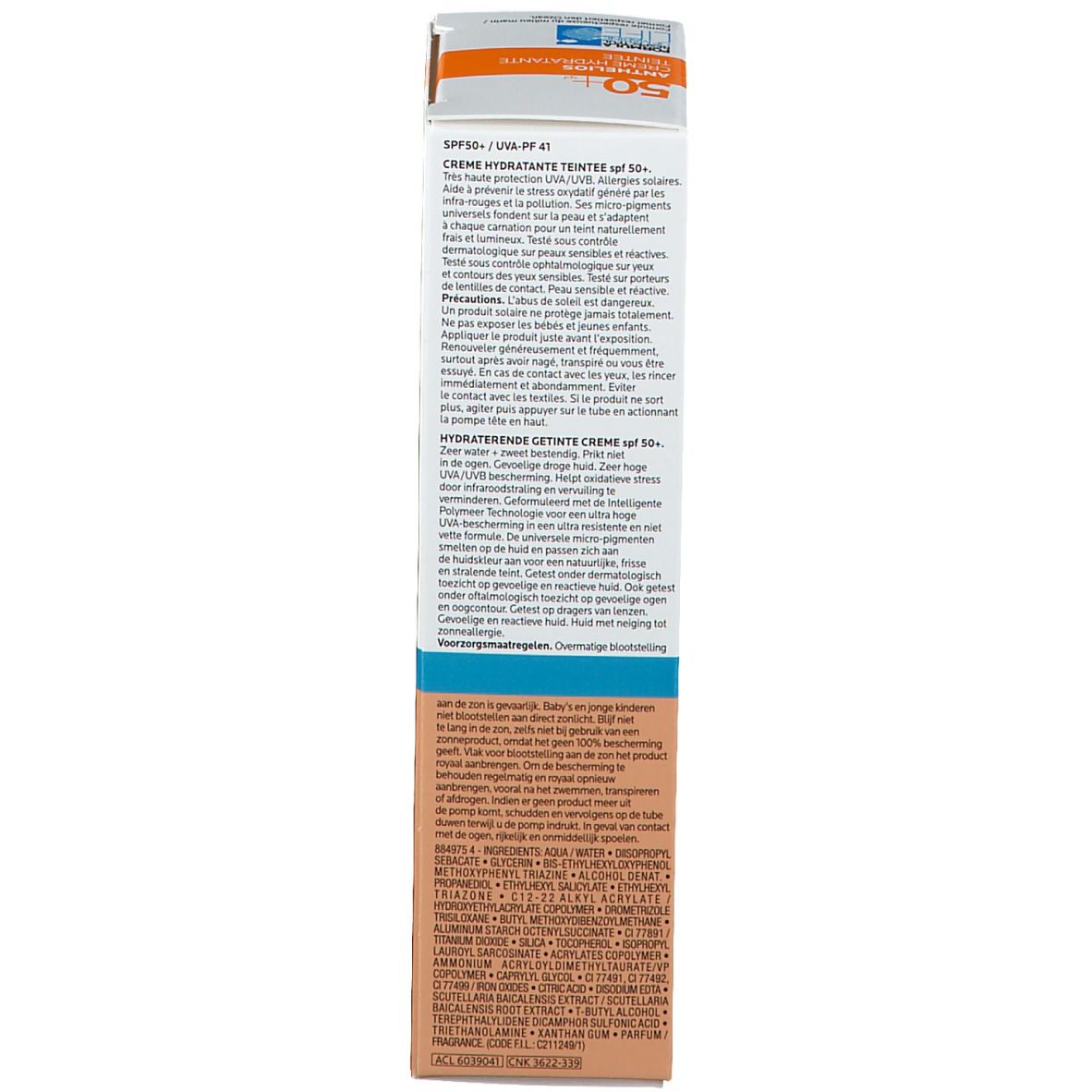 Dos de l'emballage du produit. Texte en plusieurs langues. Couleurs beige et bleu. Fond blanc.