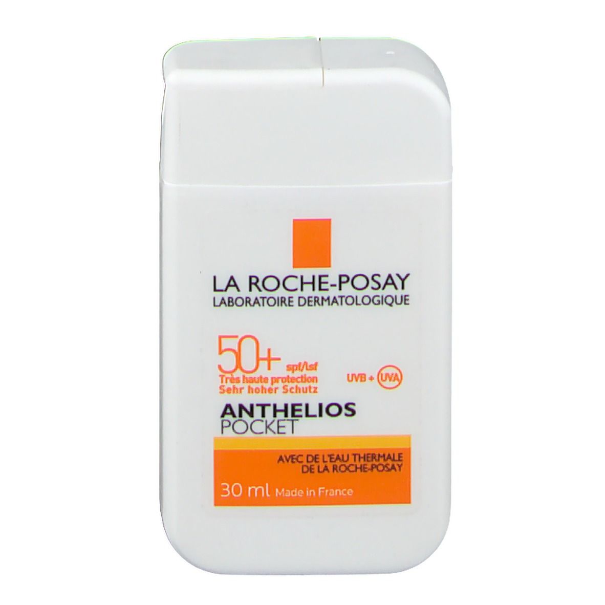 Witte verpakking met oranje accenten. Tekst: La Roche-Posay, Anthelios Pocket, SPF 50+. 30 ml. Made in France.