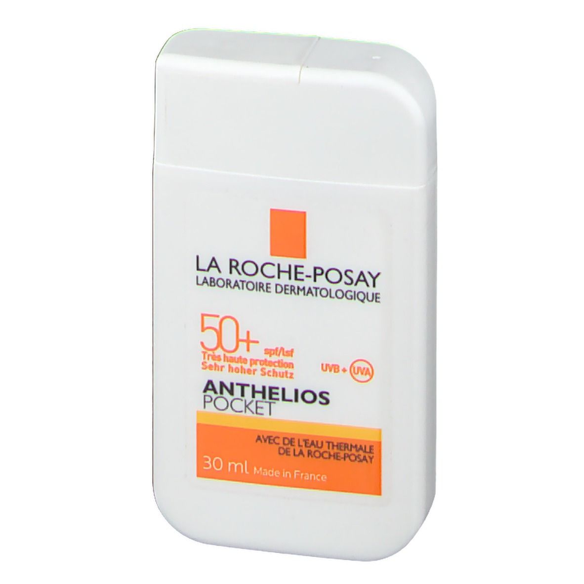 Witte verpakking met oranje accenten. Tekst: La Roche-Posay, Anthelios Pocket, SPF 50+. 30 ml. Made in France.