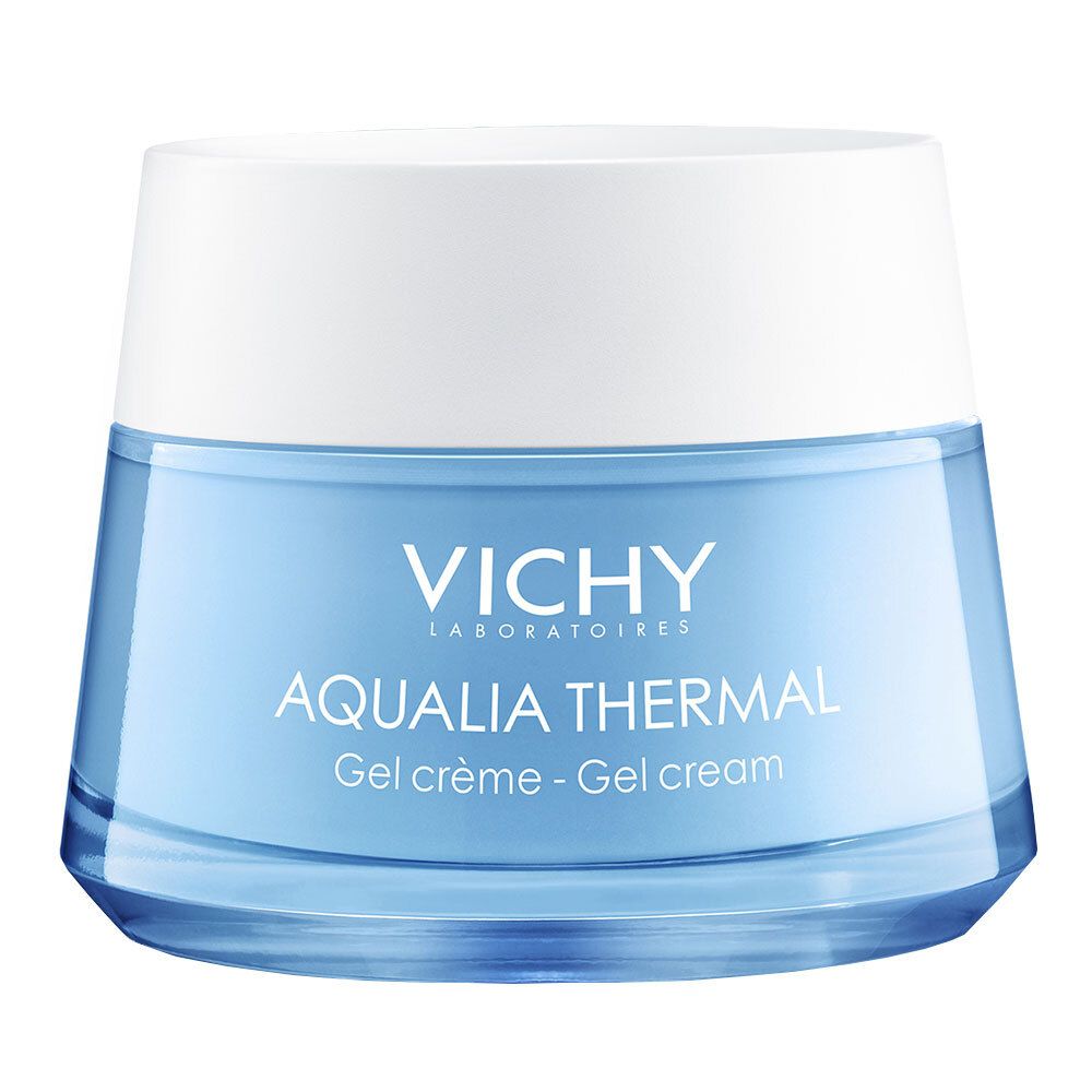 Pot bleu avec couvercle blanc. Inscription: Vichy, Aqualia Thermal Gel Crème.