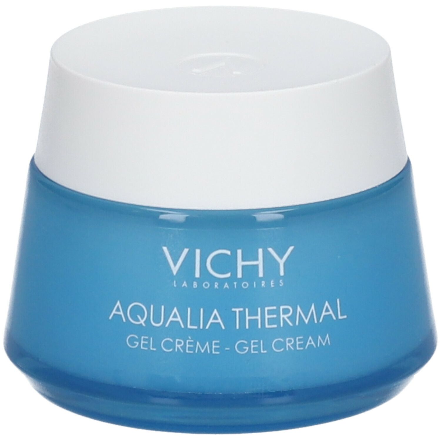 Pot bleu avec couvercle blanc. Inscription: Vichy, Aqualia Thermal Gel Crème.