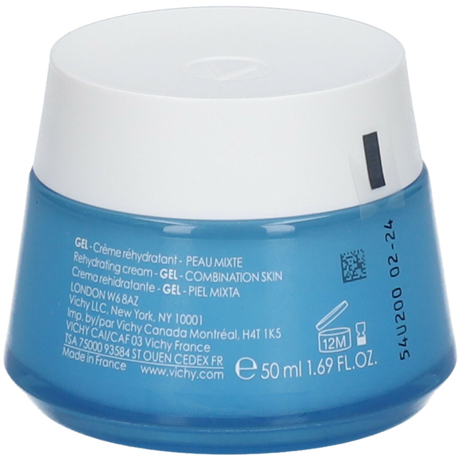Pot bleu avec couvercle blanc. Inscription: Vichy, Aqualia Thermal Gel Crème.