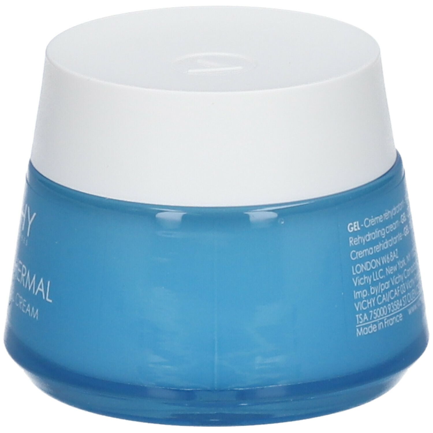 Pot bleu avec couvercle blanc. Inscription: Vichy, Aqualia Thermal Gel Crème.