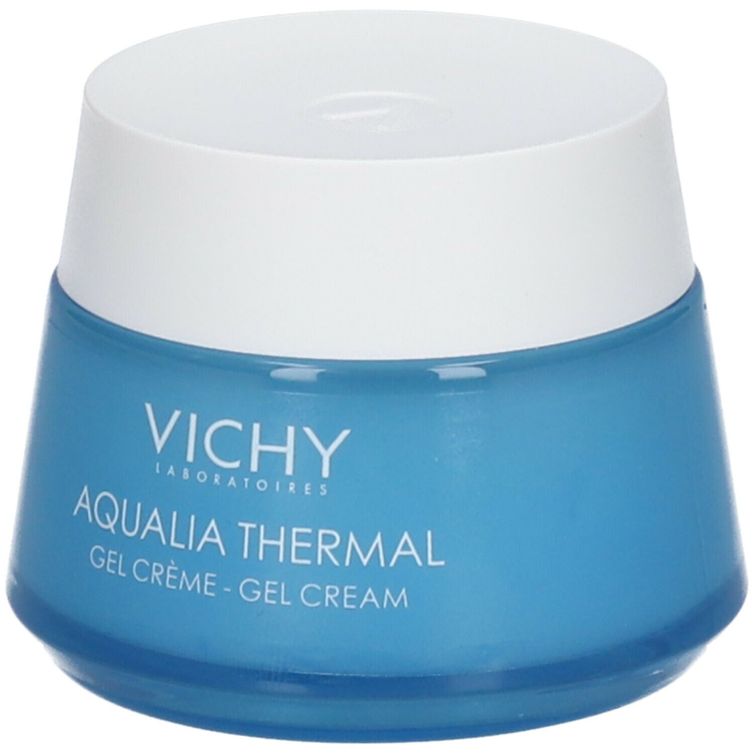 Pot bleu avec couvercle blanc. Inscription: Vichy, Aqualia Thermal Gel Crème.